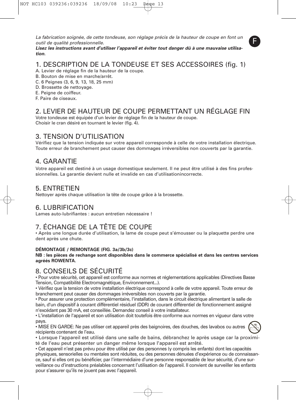 Tension d’utilisation, Garantie, Entretien | Lubrification, Échange de la tête de coupe, Conseils de sécurité | ROWENTA PERFECT LINE HC1037 User Manual | Page 13 / 40