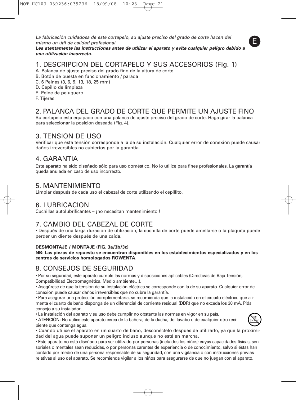 Tension de uso, Garantia, Mantenimiento | Lubricacion, Cambio del cabezal de corte, Consejos de seguridad | ROWENTA PERFECT LINE HC1037 User Manual | Page 21 / 40