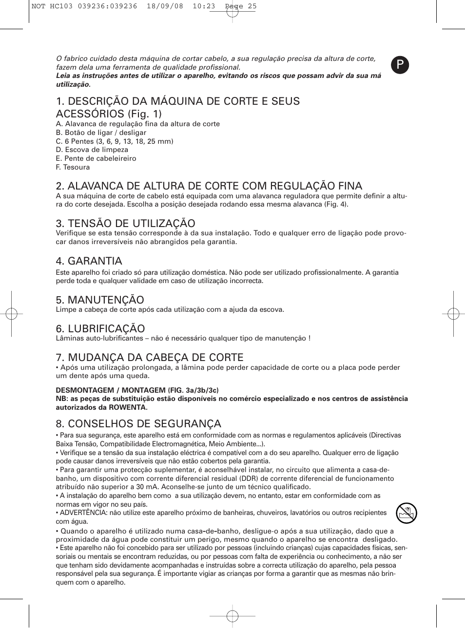 Alavanca de altura de corte com regulação fina, Tensão de utilização, Garantia | Manutenção, Lubrificação, Mudança da cabeça de corte, Conselhos de segurança | ROWENTA PERFECT LINE HC1037 User Manual | Page 25 / 40