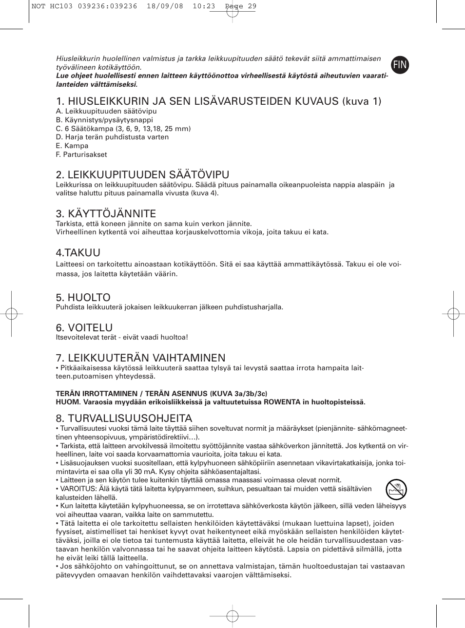 Leikkuupituuden säätövipu, Käyttöjännite, Takuu | Huolto, Voitelu, Leikkuuterän vaihtaminen, Turvallisuusohjeita | ROWENTA PERFECT LINE HC1037 User Manual | Page 29 / 40