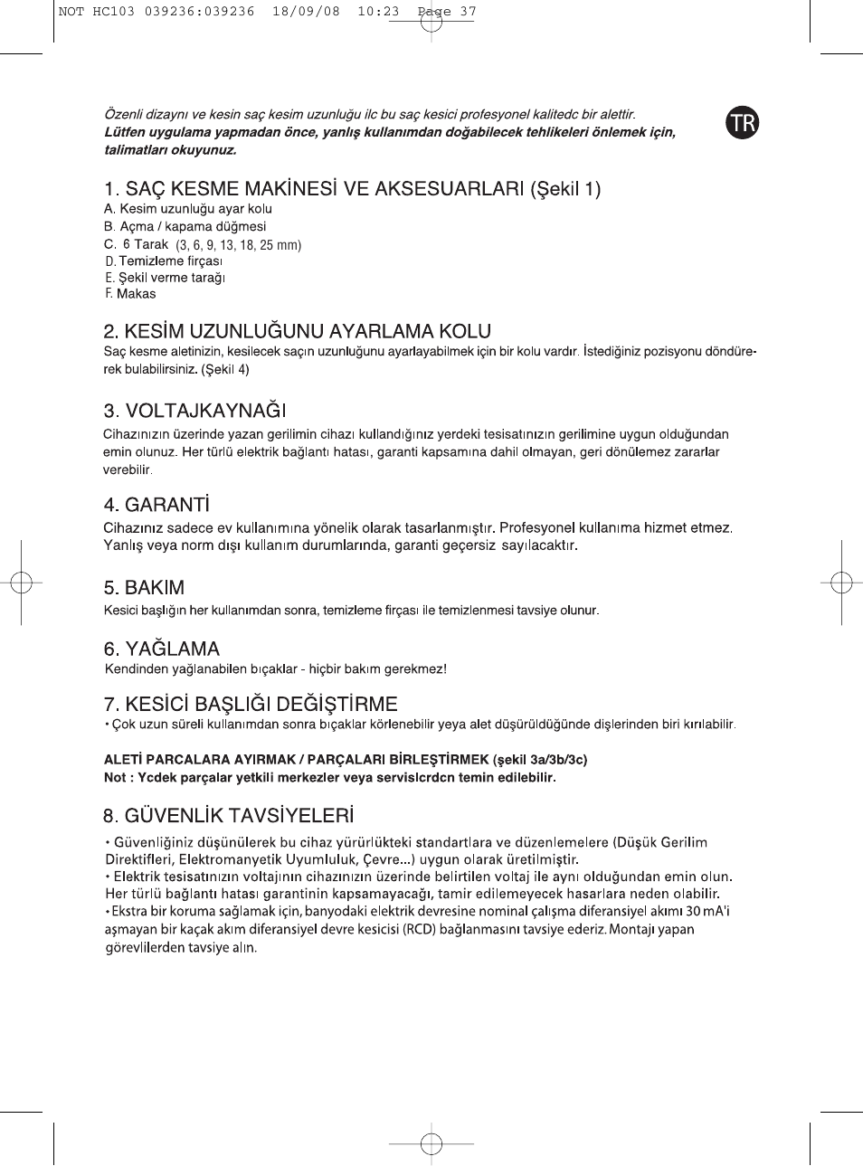 ROWENTA PERFECT LINE HC1037 User Manual | Page 37 / 40