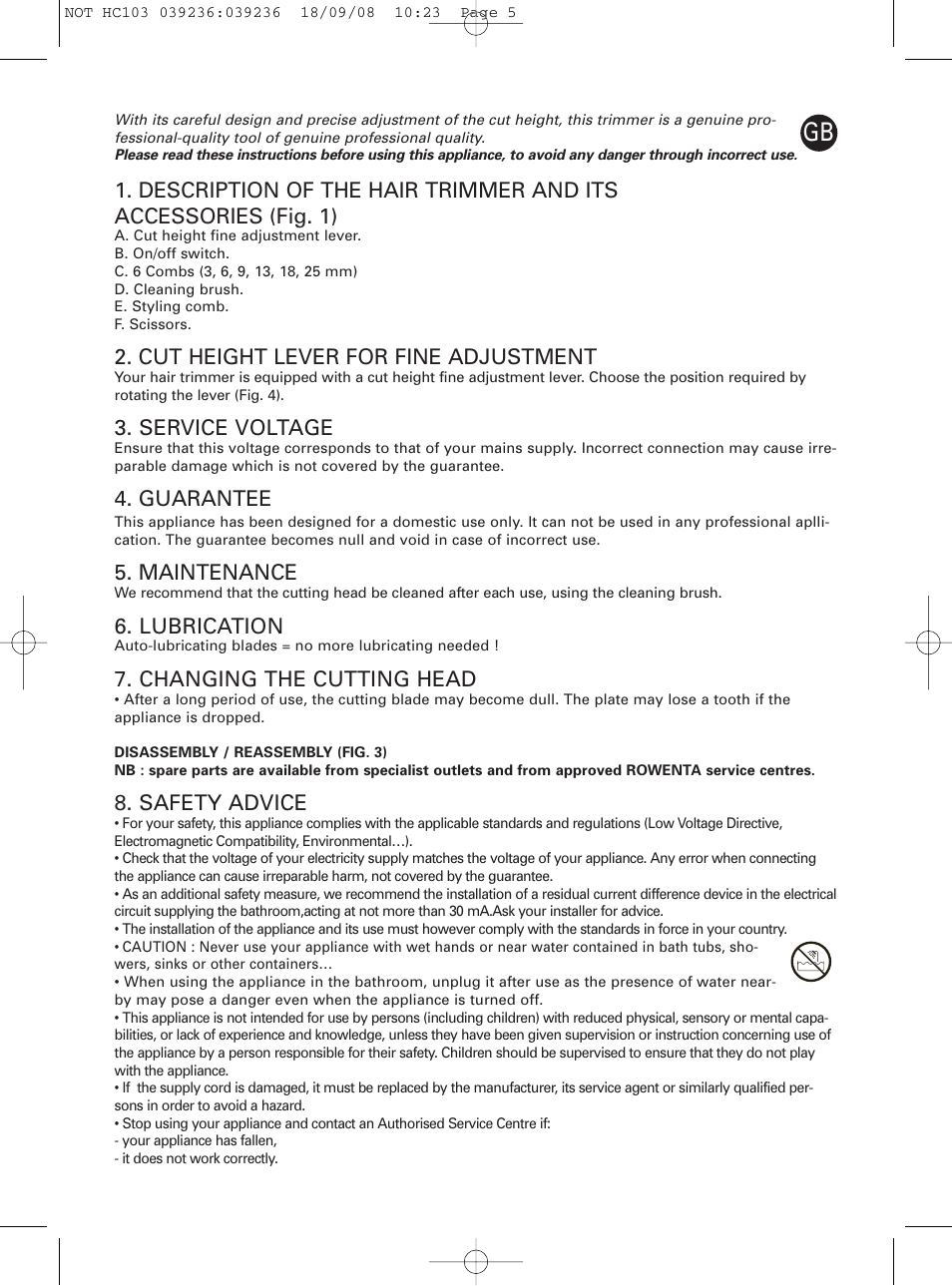 Cut height lever for fine adjustment, Service voltage, Guarantee | Maintenance, Lubrication, Changing the cutting head, Safety advice | ROWENTA PERFECT LINE HC1037 User Manual | Page 5 / 40