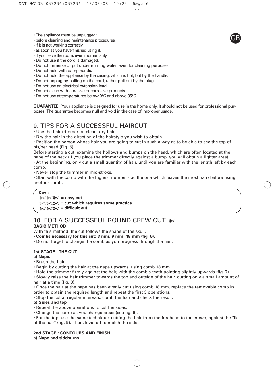Tips for a successful haircut, For a successful round crew cut | ROWENTA PERFECT LINE HC1037 User Manual | Page 6 / 40