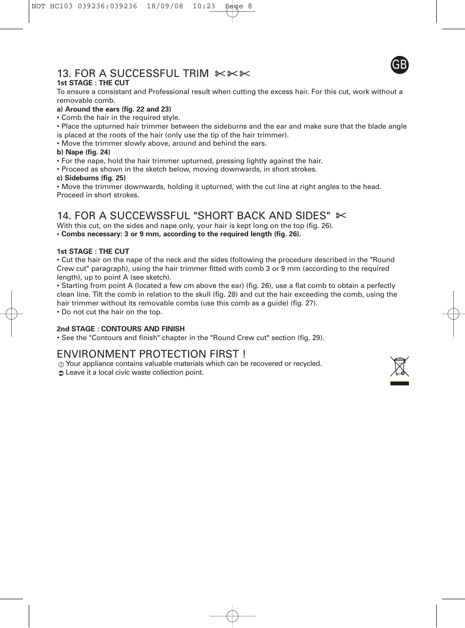 For a successful trim, For a succewssful "short back and sides, Environment protection first | ROWENTA PERFECT LINE HC1037 User Manual | Page 8 / 40