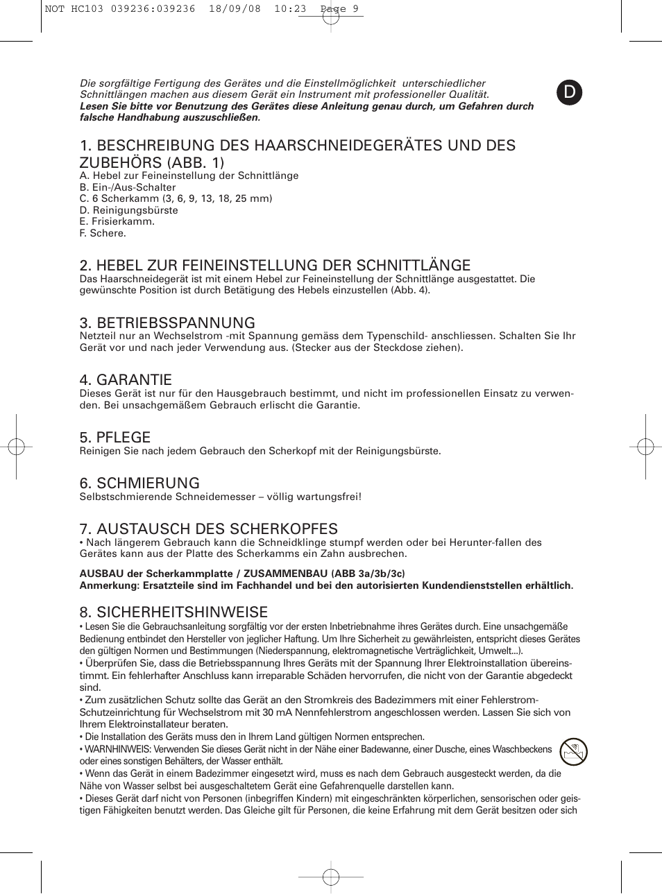 Hebel zur feineinstellung der schnittlänge, Betriebsspannung, Garantie | Pflege, Schmierung, Austausch des scherkopfes, Sicherheitshinweise | ROWENTA PERFECT LINE HC1037 User Manual | Page 9 / 40