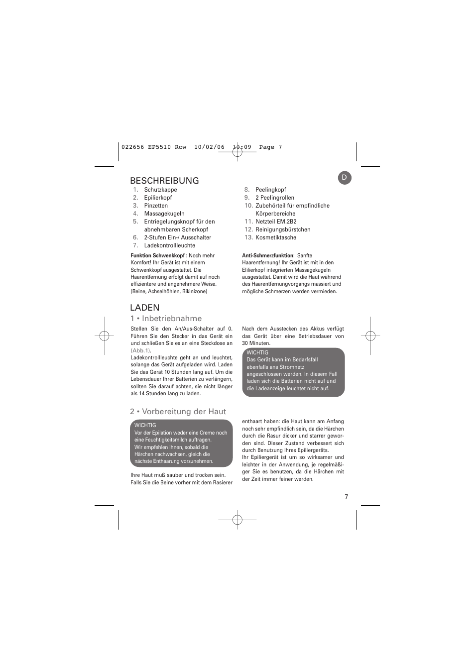 Beschreibung, Laden, 1 • inbetriebnahme | 2 • vorbereitung der haut | ROWENTA ACCESSIM EP5510 User Manual | Page 11 / 90