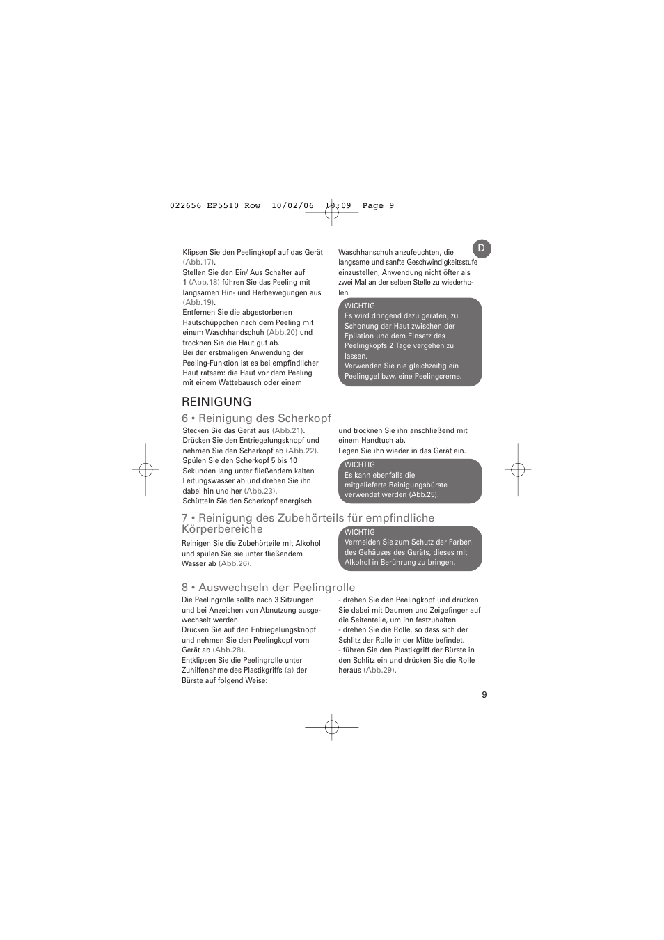 Reinigung, 6 • reinigung des scherkopf, 8 • auswechseln der peelingrolle | ROWENTA ACCESSIM EP5510 User Manual | Page 13 / 90