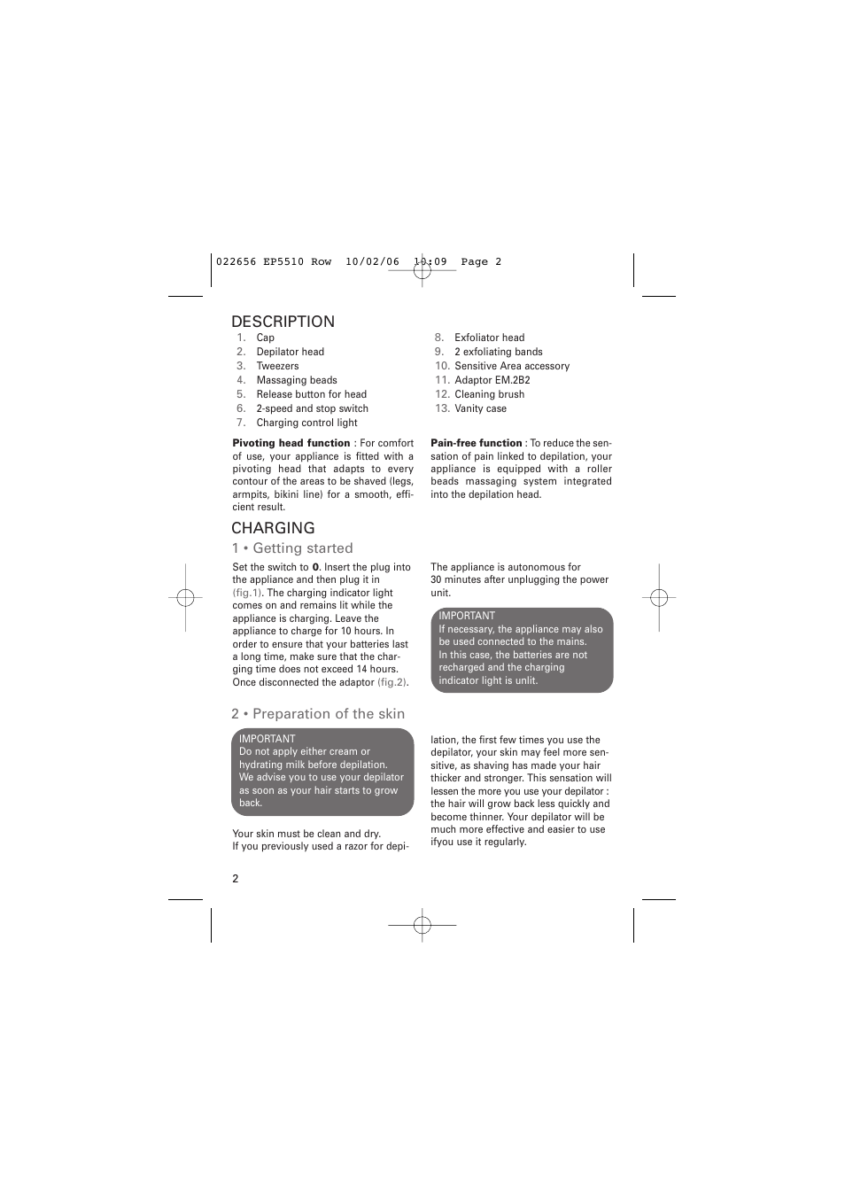 Description, Charging, 1 • getting started | 2 • preparation of the skin | ROWENTA ACCESSIM EP5510 User Manual | Page 6 / 90