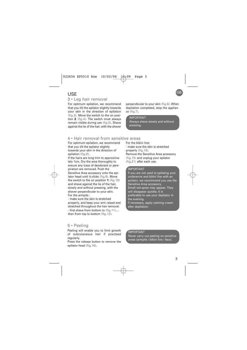 3 • leg hair removal, 4 • hair removal from sensitive areas, 5 • peeling | ROWENTA ACCESSIM EP5510 User Manual | Page 7 / 90
