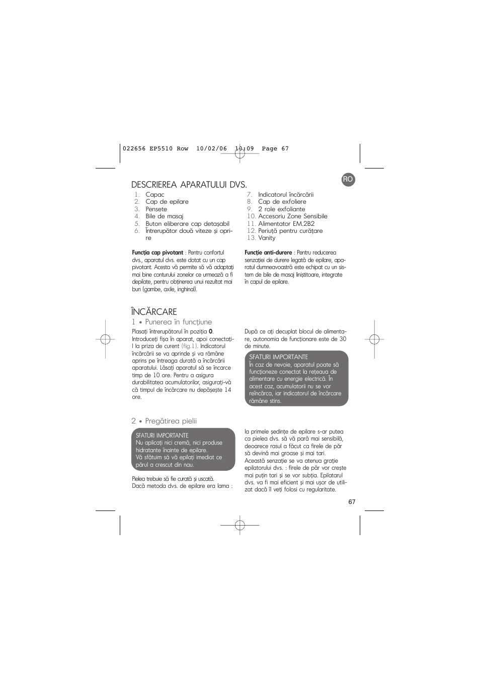 Descrierea aparatului dvs, Încărcare | ROWENTA ACCESSIM EP5510 User Manual | Page 71 / 90