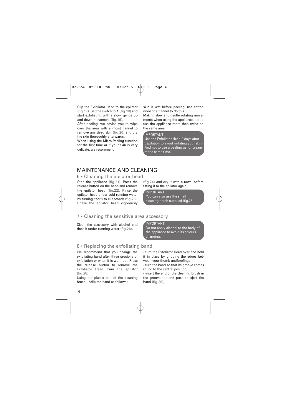 Maintenance and cleaning, 6 • cleaning the epilator head, 7 • cleaning the sensitive area accessory | 8 • replacing the exfoliating band | ROWENTA ACCESSIM EP5510 User Manual | Page 8 / 90