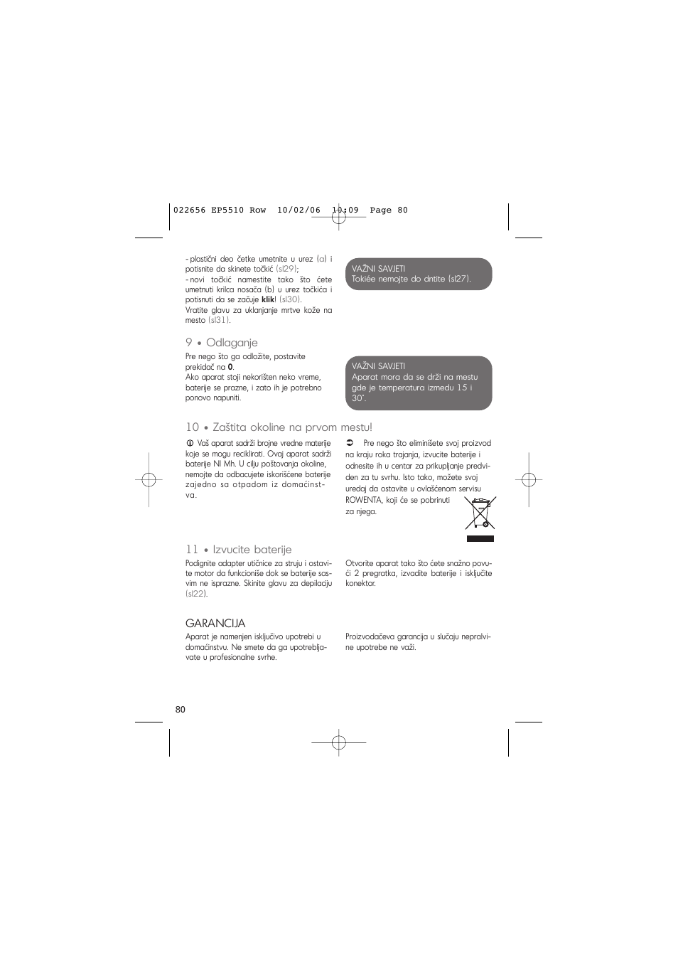 9 • odlaganje, Garancija | ROWENTA ACCESSIM EP5510 User Manual | Page 84 / 90