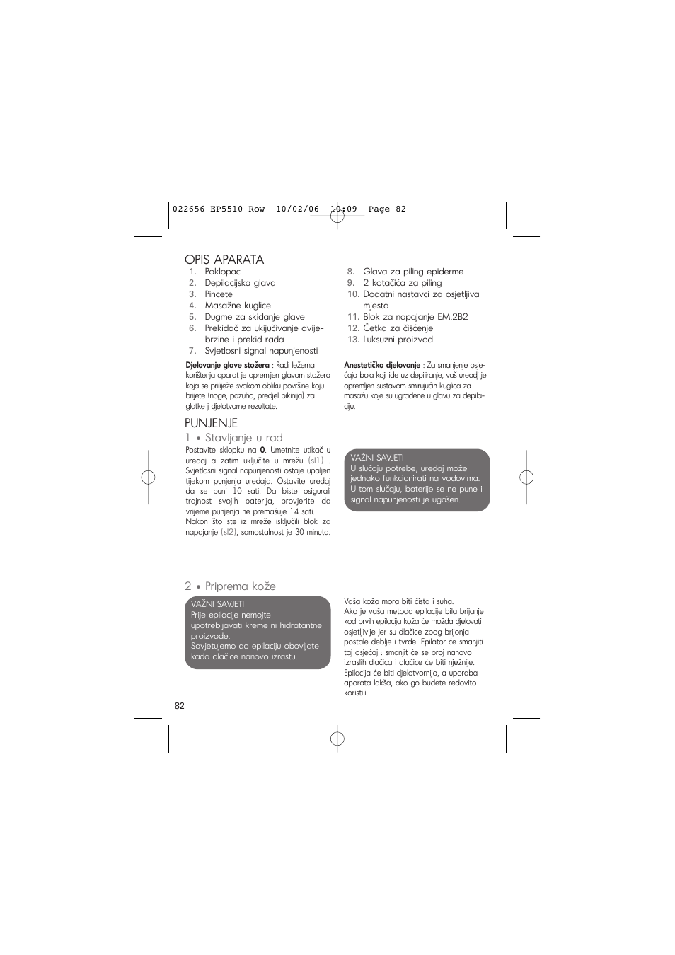 Opis aparata, Punjenje, 1 • stavljanje u rad | 2 • priprema kože | ROWENTA ACCESSIM EP5510 User Manual | Page 86 / 90