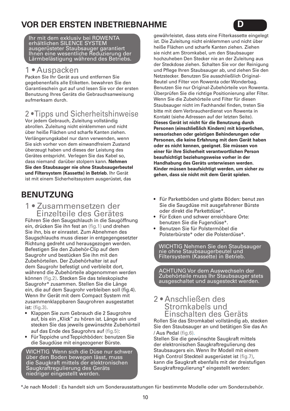 1 • zusammensetzen der einzelteile des gerätes, 1 • auspacken, 2 • tipps und sicherheitshinweise | Vor der ersten inbetriebnahme, Benutzung | ROWENTA SILENCE FORCE UPGRADE RO4627 User Manual | Page 10 / 69