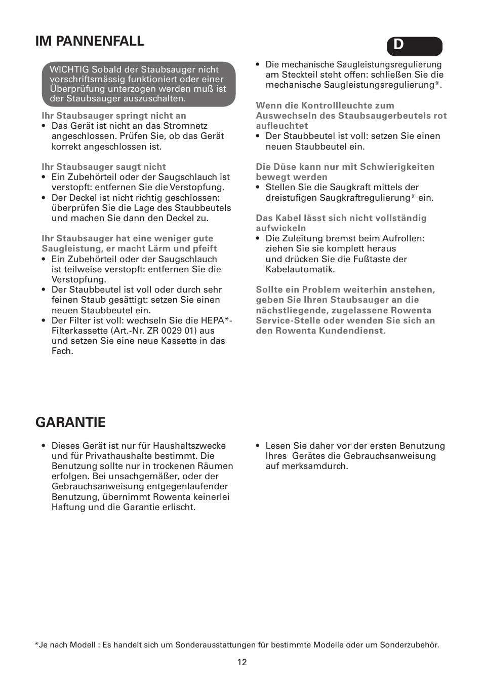 Im pannenfall, Garantie | ROWENTA SILENCE FORCE UPGRADE RO4627 User Manual | Page 12 / 69