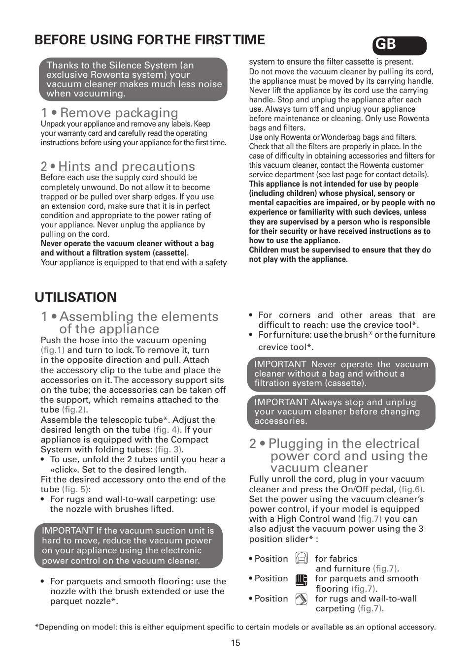 1 • remove packaging, 2 • hints and precautions, Before using for the first time | 1 • assembling the elements of the appliance, Utilisation | ROWENTA SILENCE FORCE UPGRADE RO4627 User Manual | Page 15 / 69