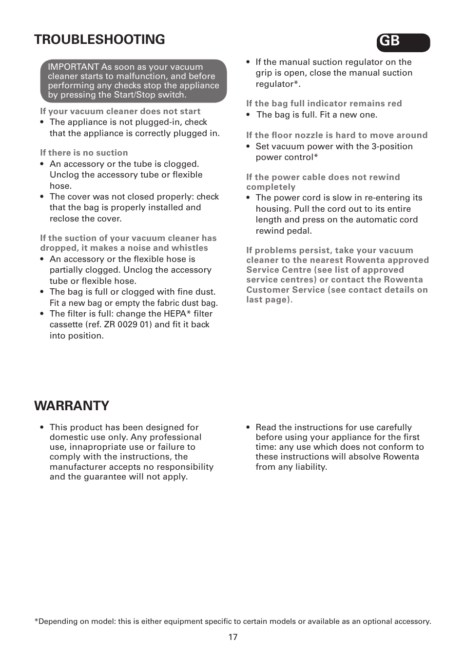 Troubleshooting, Warranty | ROWENTA SILENCE FORCE UPGRADE RO4627 User Manual | Page 17 / 69
