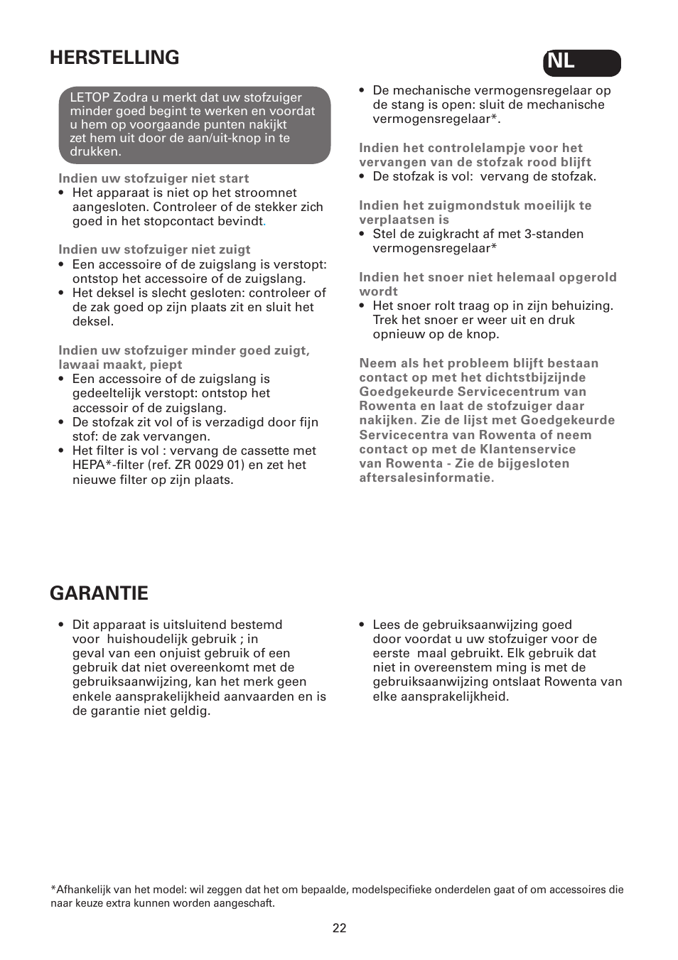Herstelling, Garantie | ROWENTA SILENCE FORCE UPGRADE RO4627 User Manual | Page 22 / 69
