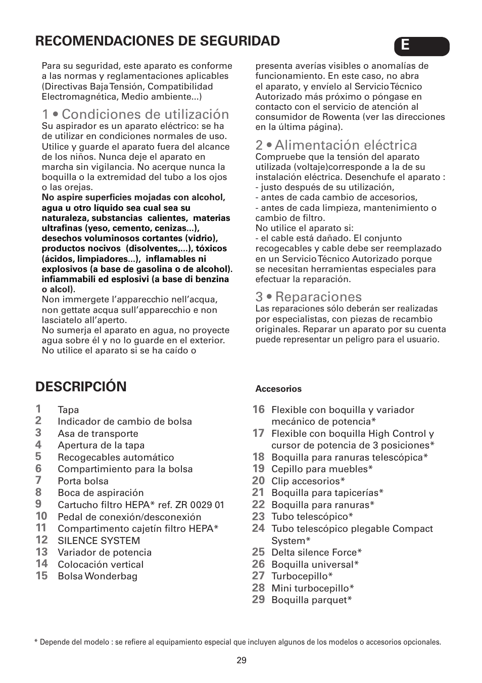 1 • condiciones de utilización, 2 • alimentación eléctrica, 3 • reparaciones | Recomendaciones de seguridad descripción | ROWENTA SILENCE FORCE UPGRADE RO4627 User Manual | Page 29 / 69