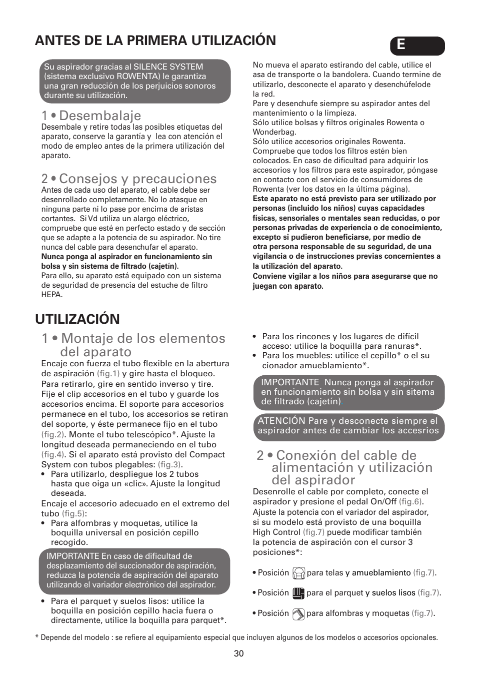 1 • desembalaje, 2 • consejos y precauciones, Antes de la primera utilización | 1 • montaje de los elementos del aparato, Utilización | ROWENTA SILENCE FORCE UPGRADE RO4627 User Manual | Page 30 / 69