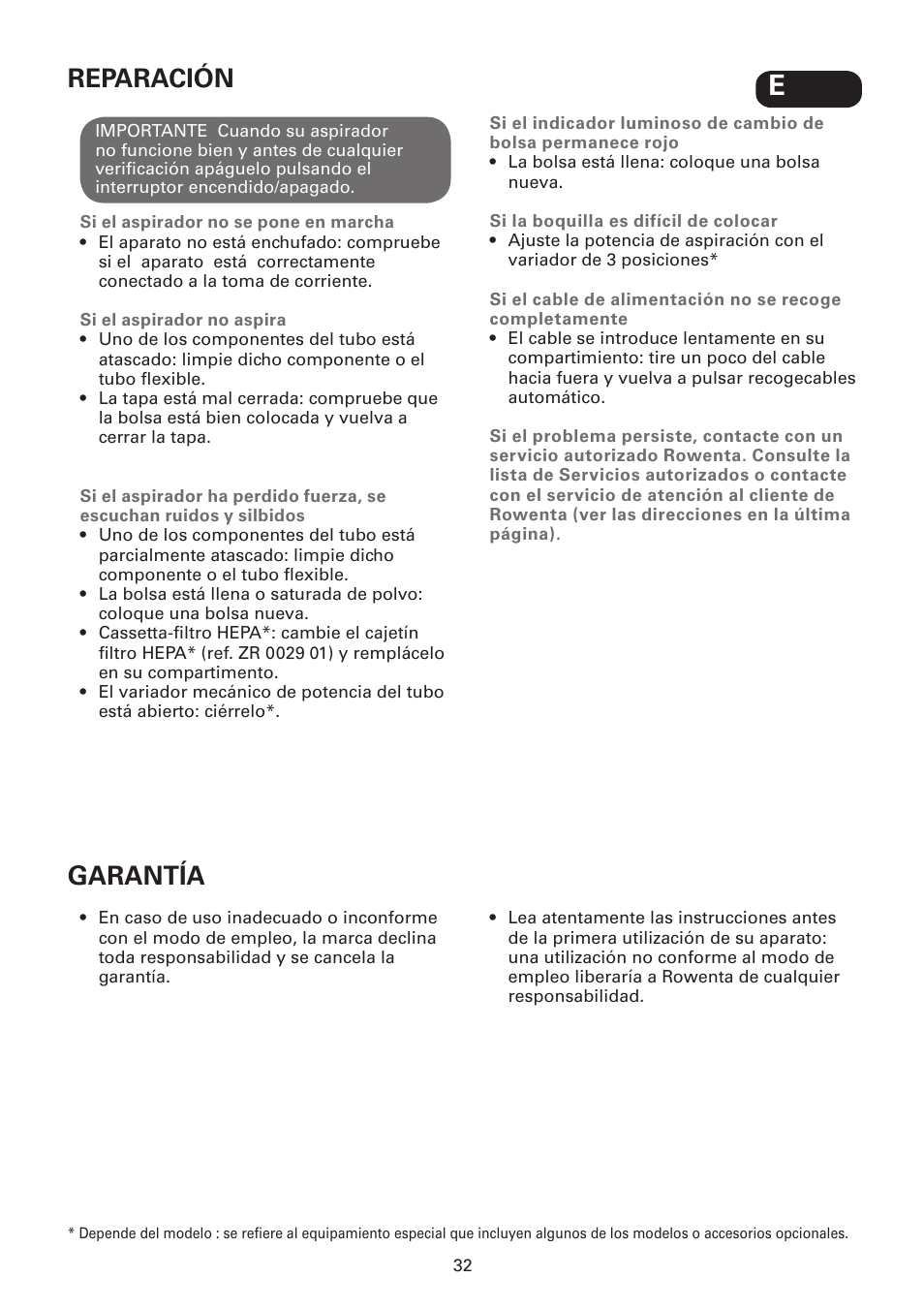 Reparación, Garantía | ROWENTA SILENCE FORCE UPGRADE RO4627 User Manual | Page 32 / 69