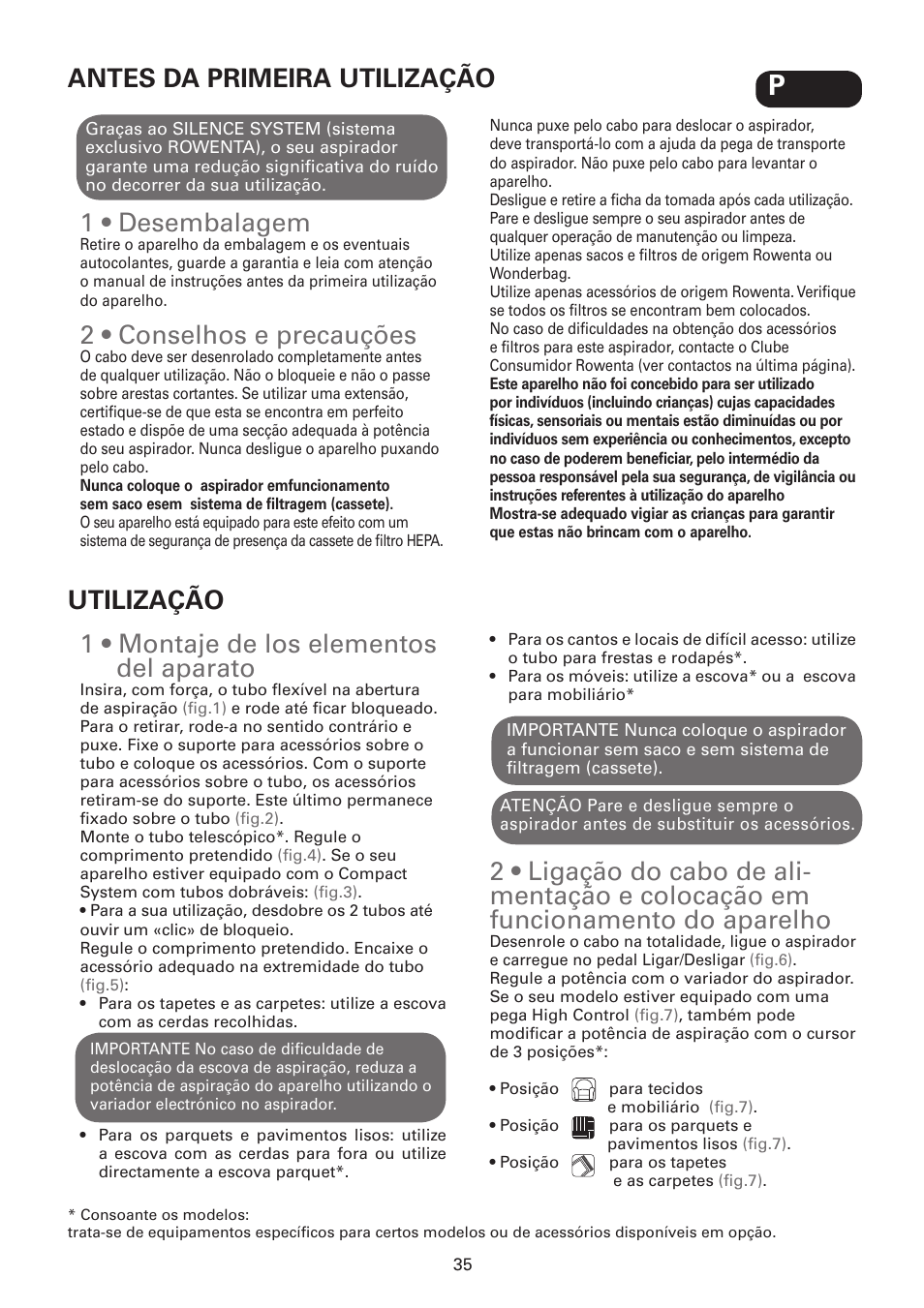 1 • desembalagem, 2 • conselhos e precauções, Antes da primeira utilização | 1 • montaje de los elementos del aparato, Utilização | ROWENTA SILENCE FORCE UPGRADE RO4627 User Manual | Page 35 / 69