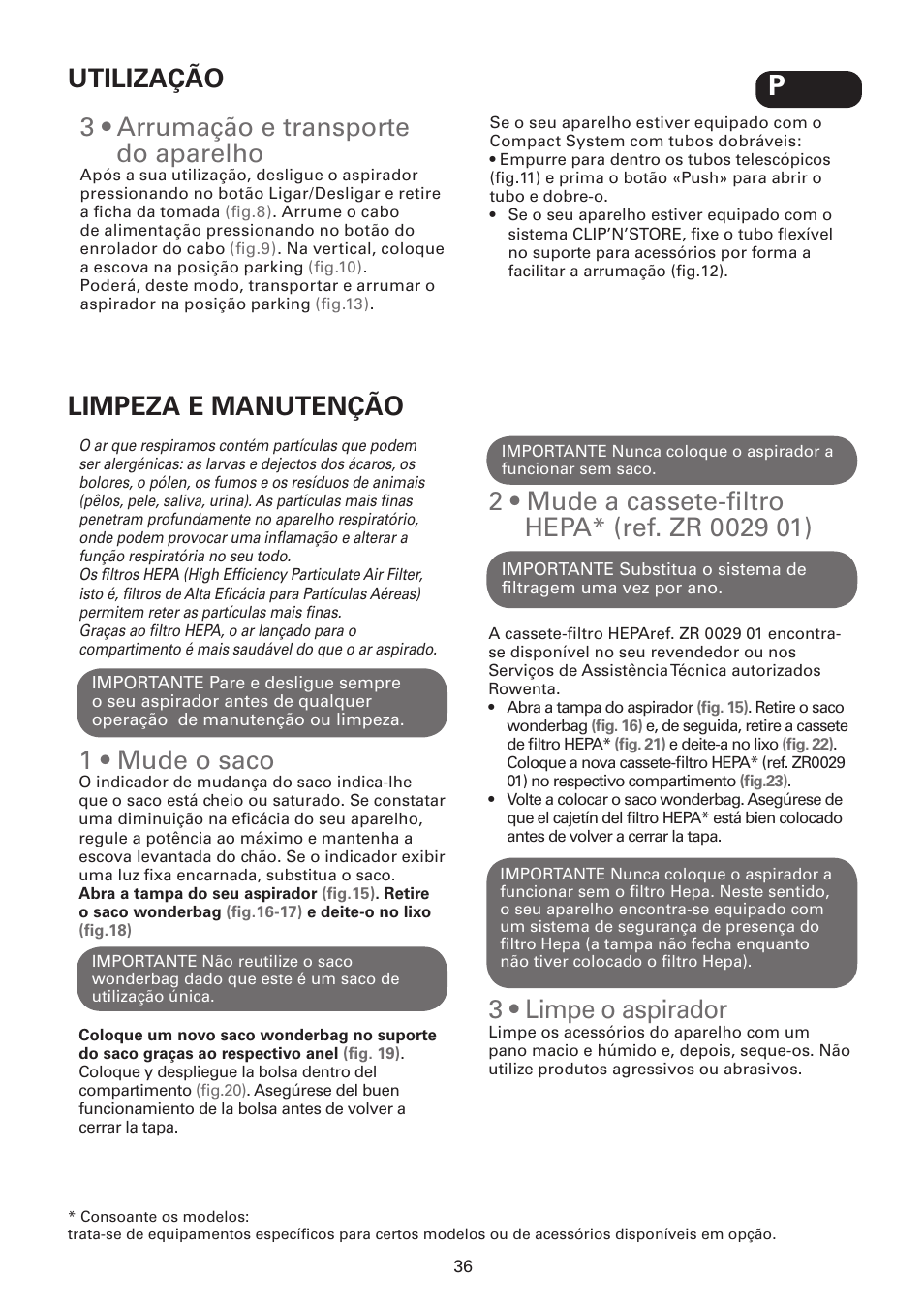 3 • arrumação e transporte do aparelho, Utilização limpeza e manutenção, 1 • mude o saco | 3 • limpe o aspirador | ROWENTA SILENCE FORCE UPGRADE RO4627 User Manual | Page 36 / 69