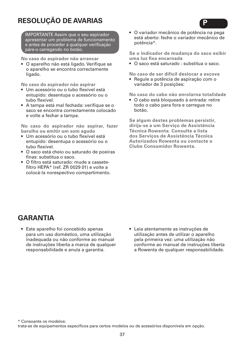 Resolução de avarias, Garantia | ROWENTA SILENCE FORCE UPGRADE RO4627 User Manual | Page 37 / 69