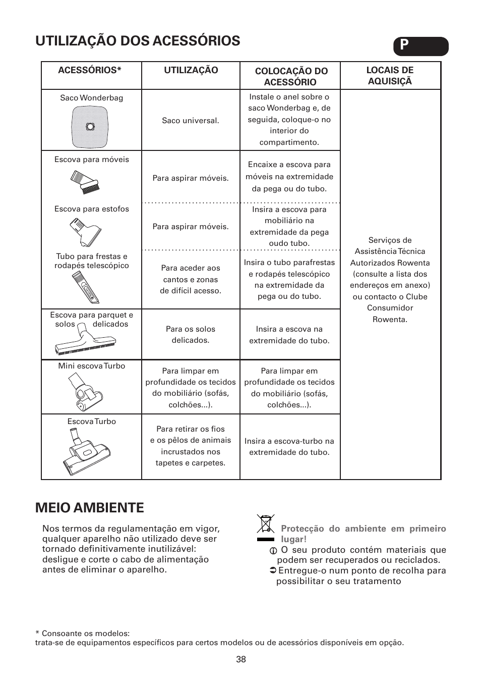 Utilização dos acessórios meio ambiente | ROWENTA SILENCE FORCE UPGRADE RO4627 User Manual | Page 38 / 69