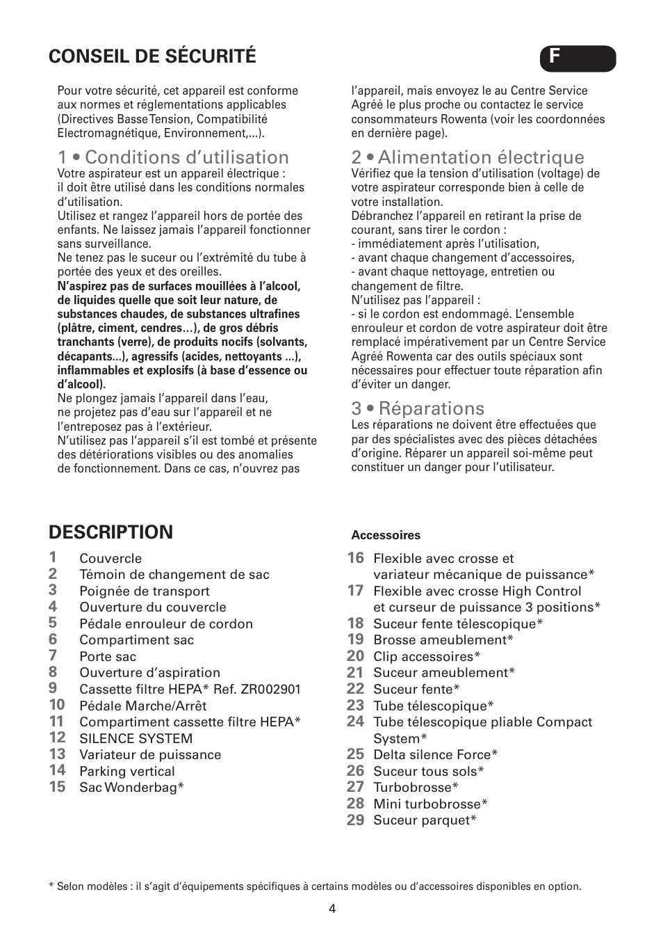 1 • conditions d’utilisation, 2 • alimentation électrique, 3 • réparations | Conseil de sécurité description | ROWENTA SILENCE FORCE UPGRADE RO4627 User Manual | Page 4 / 69