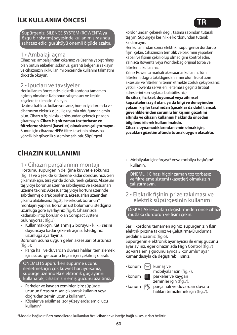 Ilk kullanim öncesi, Cihazin kullanimi, 1 • ambalajı açma | 2 • ipucları ve tavsiyeler, 1 • cihazın parçalarının montajı | ROWENTA SILENCE FORCE UPGRADE RO4627 User Manual | Page 60 / 69