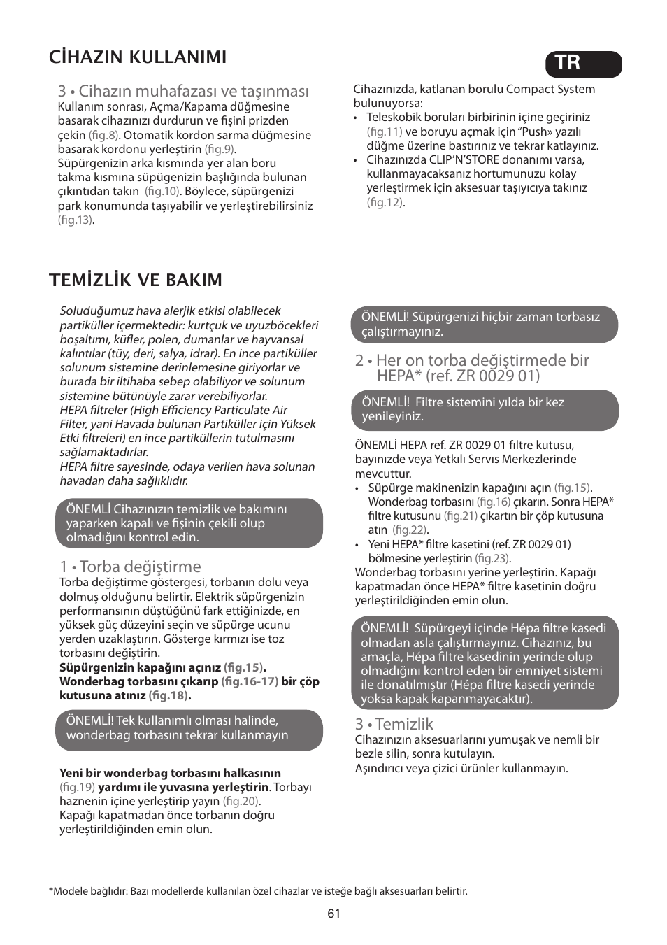 3 • cihazın muhafazası ve taşınması, 1 • torba değiştirme, 3 • temizlik | ROWENTA SILENCE FORCE UPGRADE RO4627 User Manual | Page 61 / 69