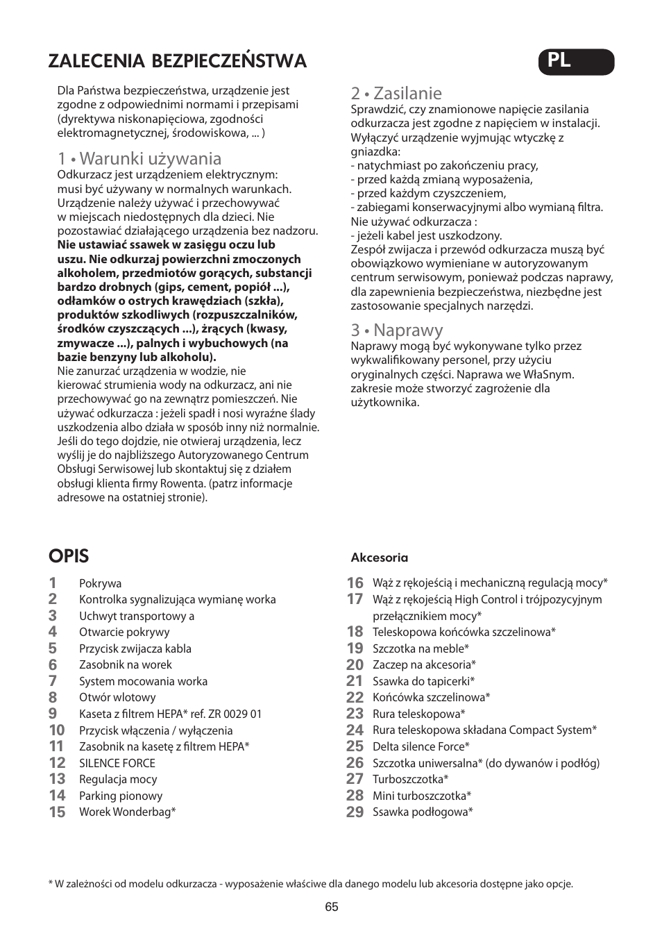 1 • warunki używania, 2 • zasilanie, 3 • naprawy | ROWENTA SILENCE FORCE UPGRADE RO4627 User Manual | Page 65 / 69