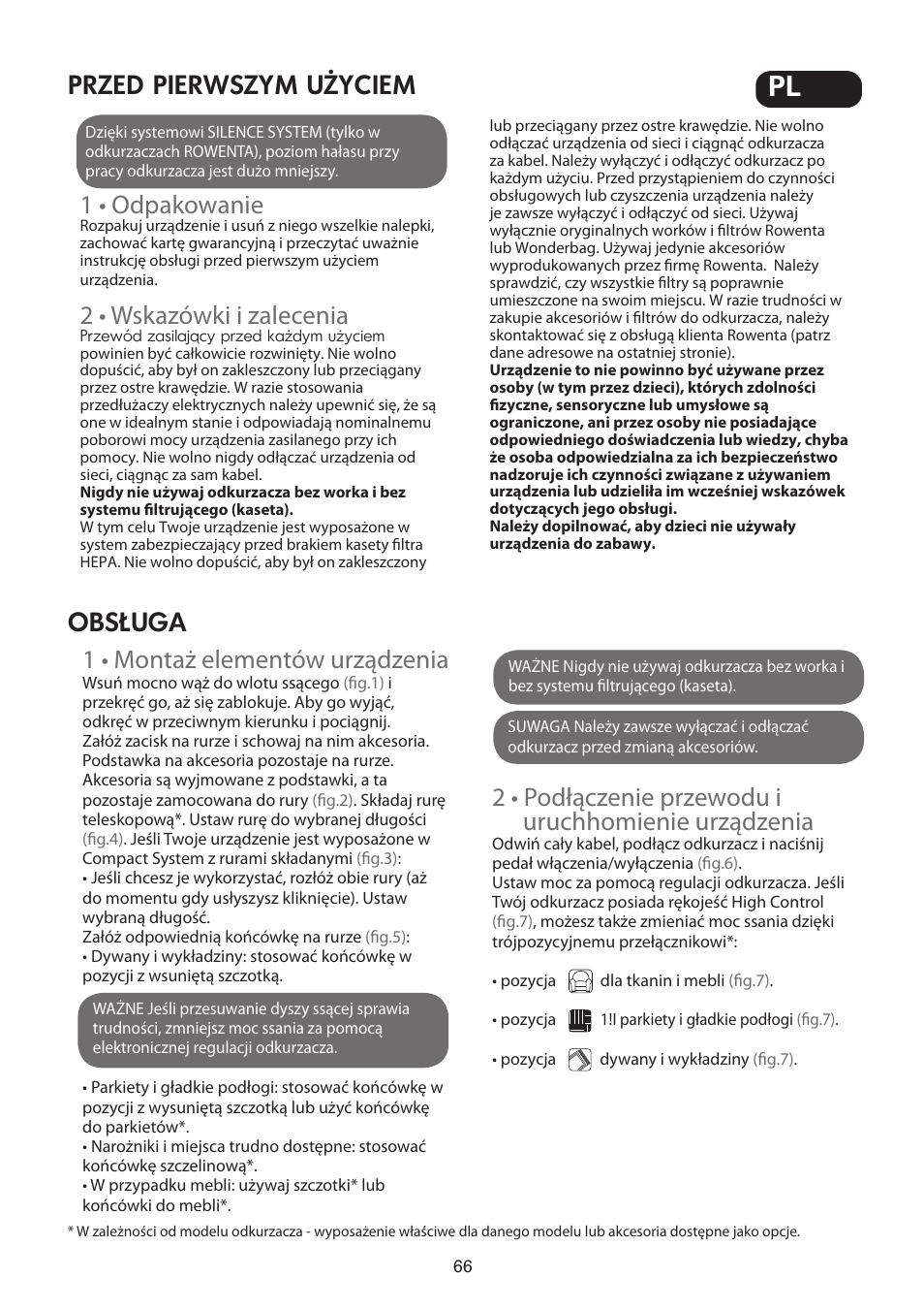 1 • odpakowanie, 2 • wskazówki i zalecenia, 1 • montaż elementów urządzenia | ROWENTA SILENCE FORCE UPGRADE RO4627 User Manual | Page 66 / 69