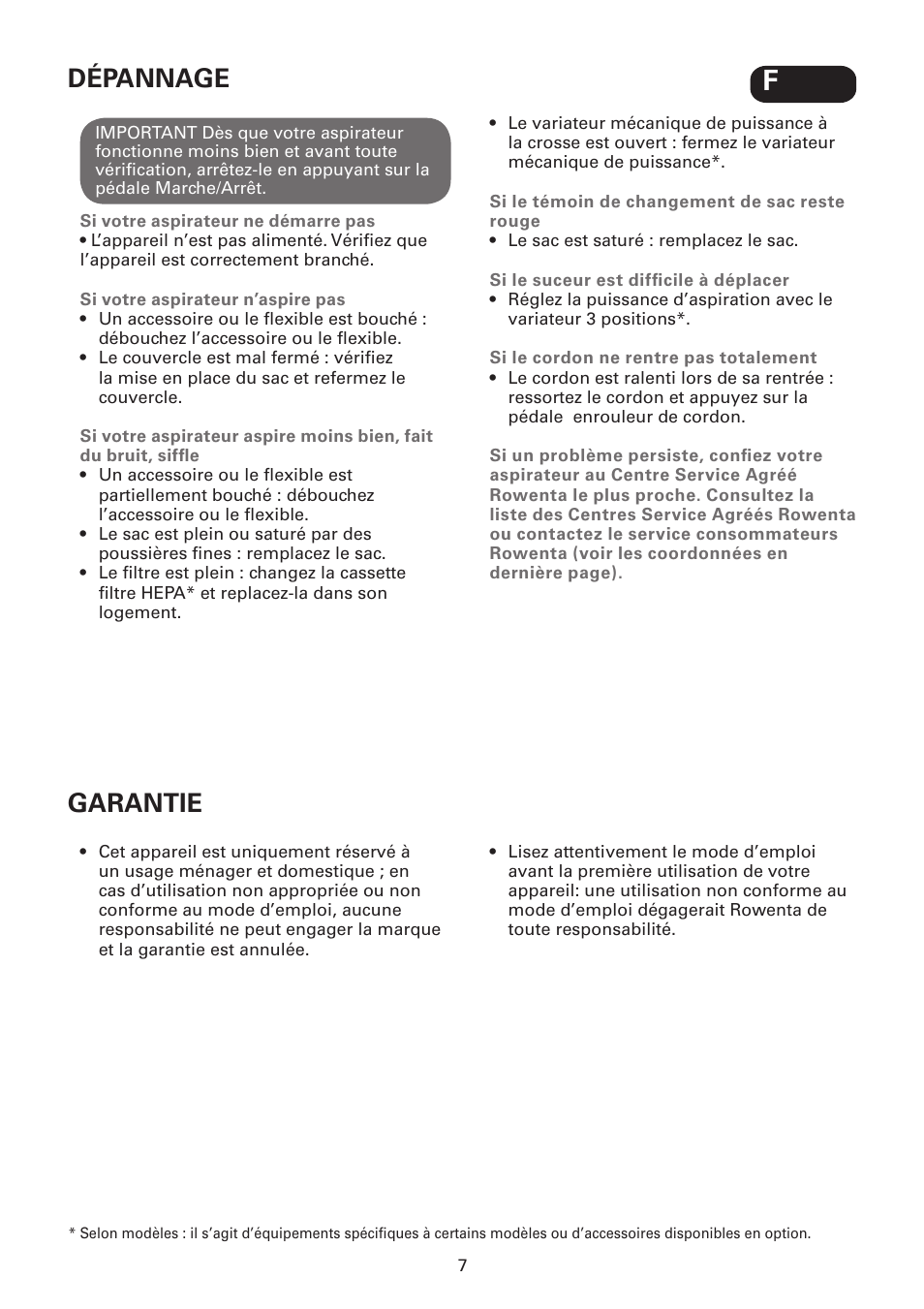 Dépannage, Garantie | ROWENTA SILENCE FORCE UPGRADE RO4627 User Manual | Page 7 / 69