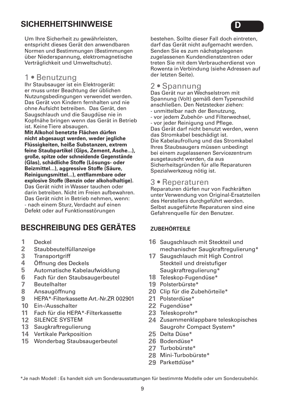 1 • benutzung, 2 • spannung, 3 • reperaturen | Sicherheitshinweise beschreibung des gerätes | ROWENTA SILENCE FORCE UPGRADE RO4627 User Manual | Page 9 / 69