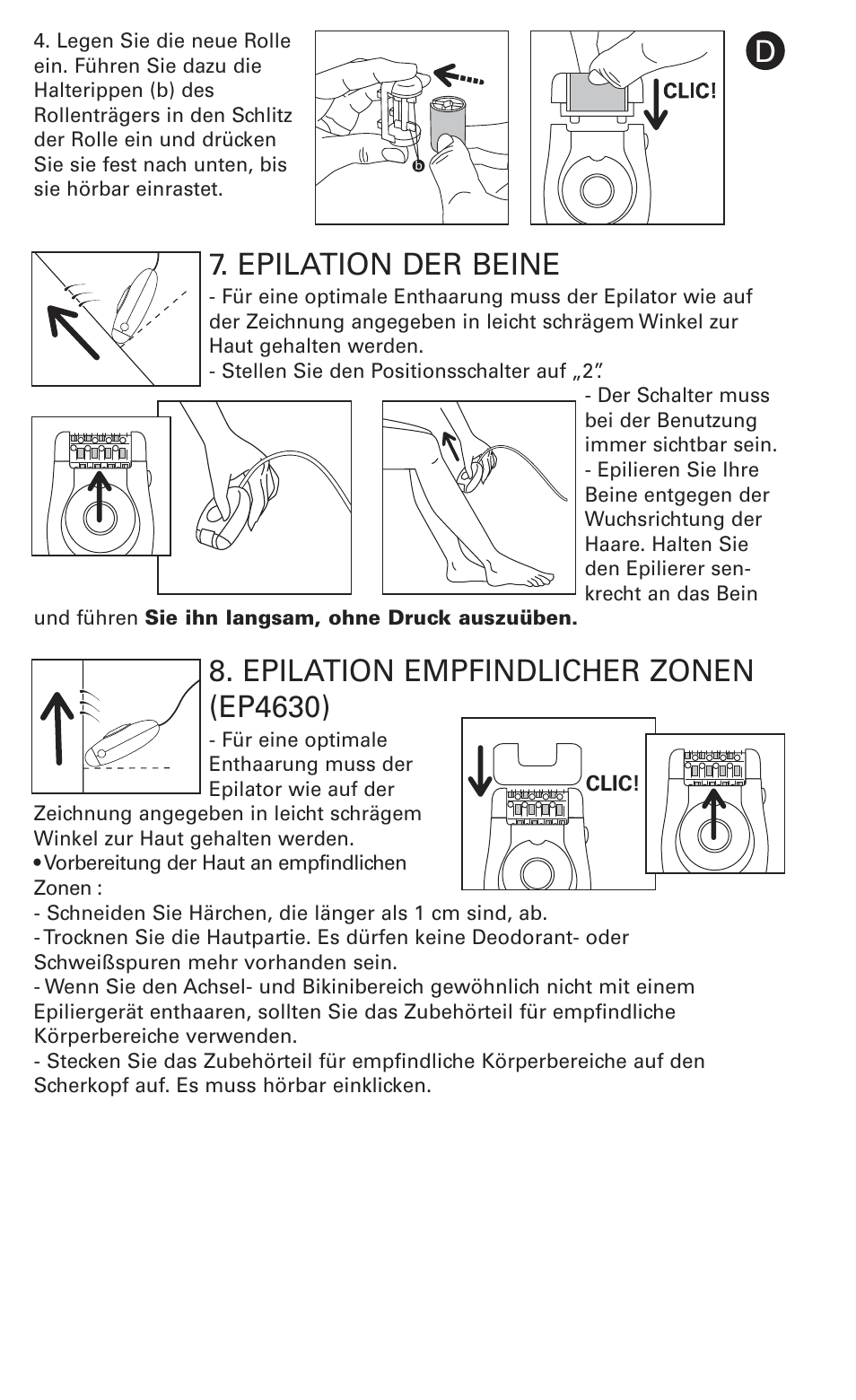 Epilation der beine, Epilation empfindlicher zonen (ep4630) | ROWENTA LOVELY BODY AND CARE EP2610 User Manual | Page 7 / 57