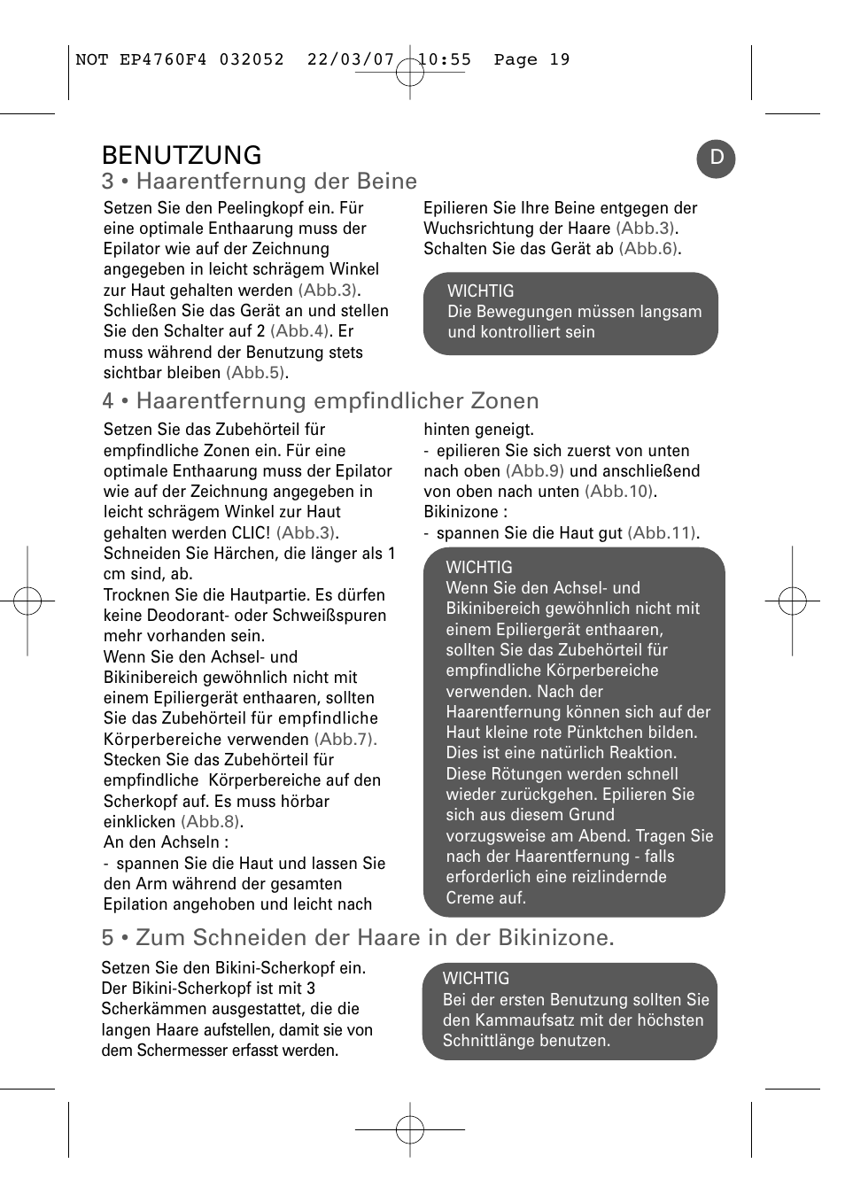 Benutzung, 3 • haarentfernung der beine, 4 • haarentfernung empfindlicher zonen | 5 • zum schneiden der haare in der bikinizone | ROWENTA LOVELY BODY - BIKINI EP4760 User Manual | Page 18 / 101