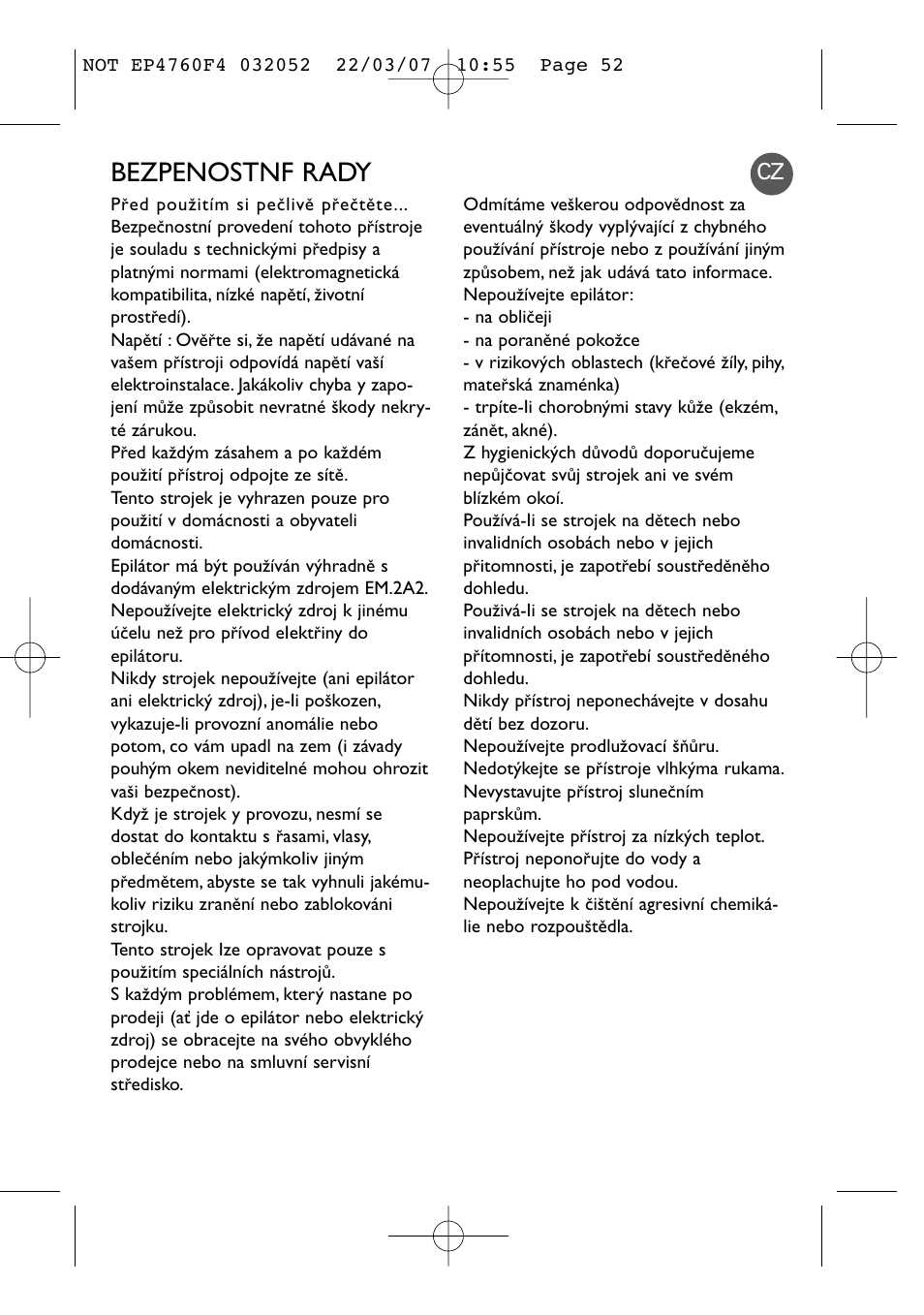 Bezpenostnf rady | ROWENTA LOVELY BODY - BIKINI EP4760 User Manual | Page 51 / 101