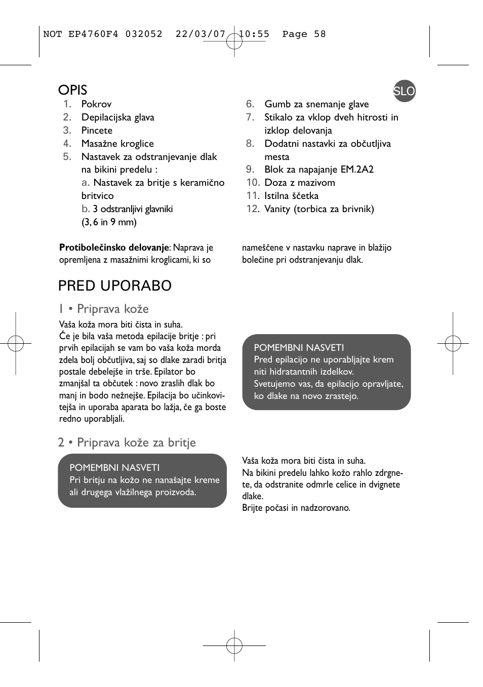 Opis, Pred uporabo, 1 • priprava koïe | 2 • priprava koïe za britje | ROWENTA LOVELY BODY - BIKINI EP4760 User Manual | Page 57 / 101