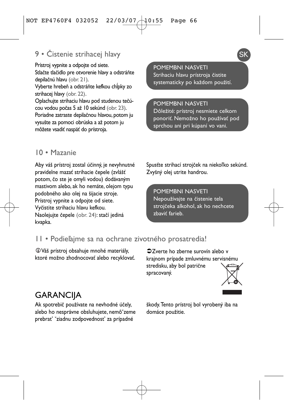Garancija, 10 • mazanie, 9 • âistenie strihacej hlavy | ROWENTA LOVELY BODY - BIKINI EP4760 User Manual | Page 65 / 101