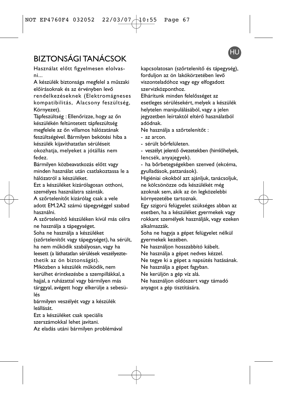 Biztonsági tanácsok | ROWENTA LOVELY BODY - BIKINI EP4760 User Manual | Page 66 / 101