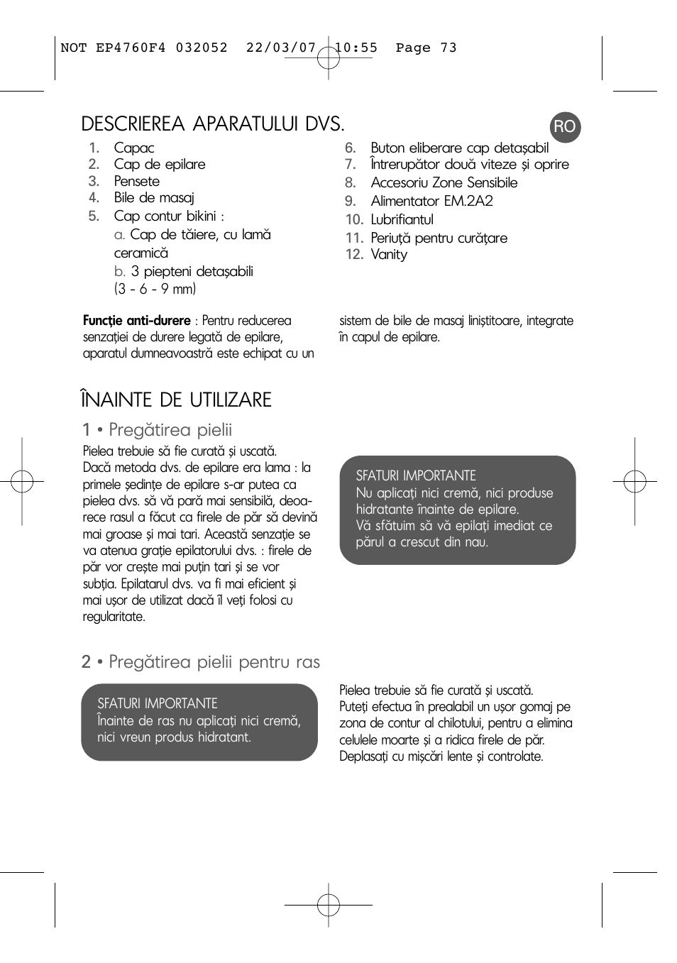 Descrierea aparatului dvs, Înainte de utilizare, 1 • pregătirea pielii | 2 • pregătirea pielii pentru ras | ROWENTA LOVELY BODY - BIKINI EP4760 User Manual | Page 72 / 101