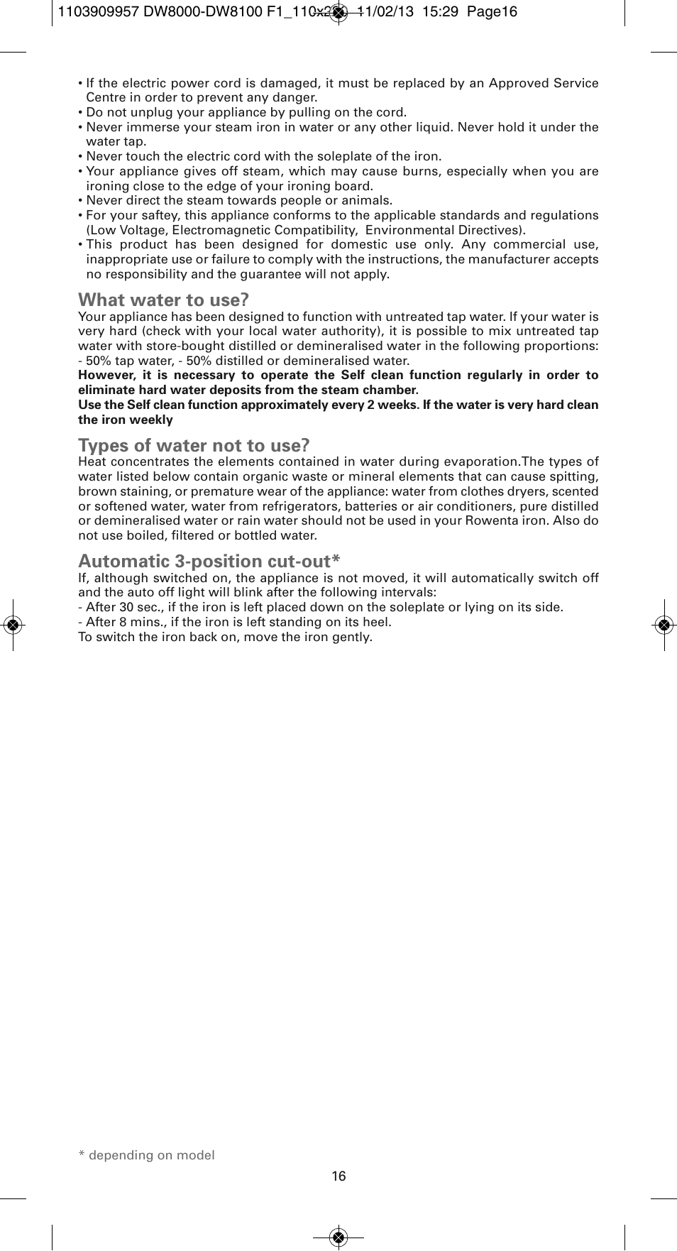 What water to use, Types of water not to use, Automatic 3-position cut-out | ROWENTA Pro Master DW8120 User Manual | Page 16 / 68