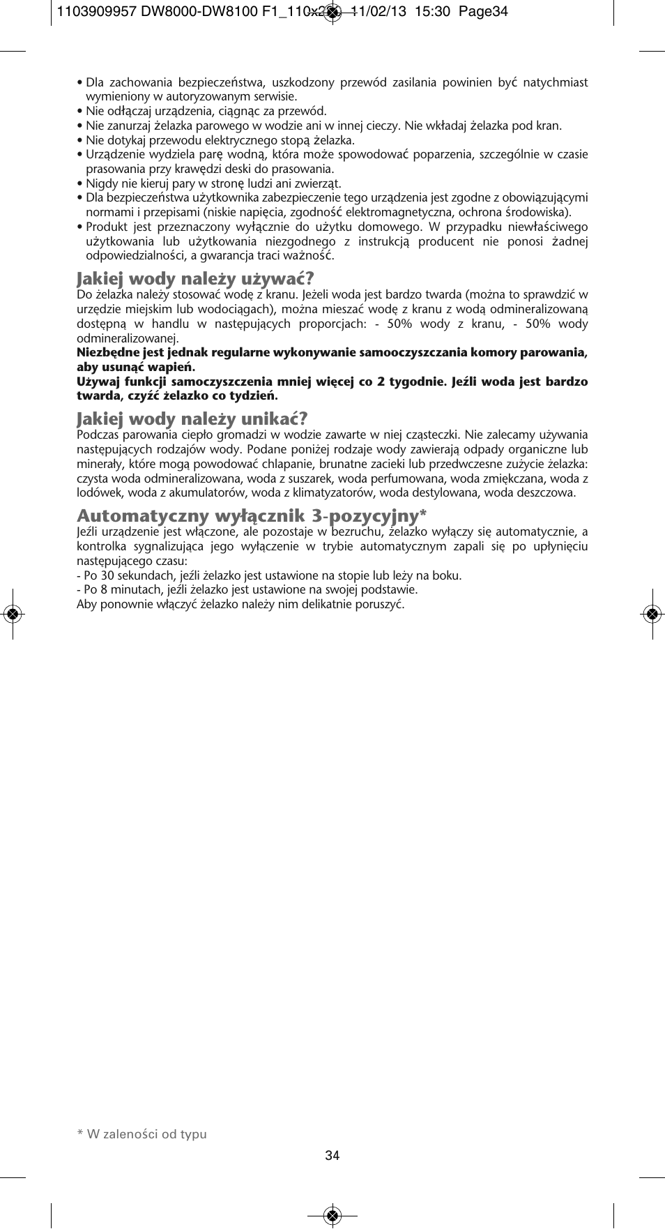 Jakiej wody nale˝y u˝ywaç, Jakiej wody nale˝y unikaç, Automatyczny wy∏àcznik 3-pozycyjny | ROWENTA Pro Master DW8120 User Manual | Page 34 / 68