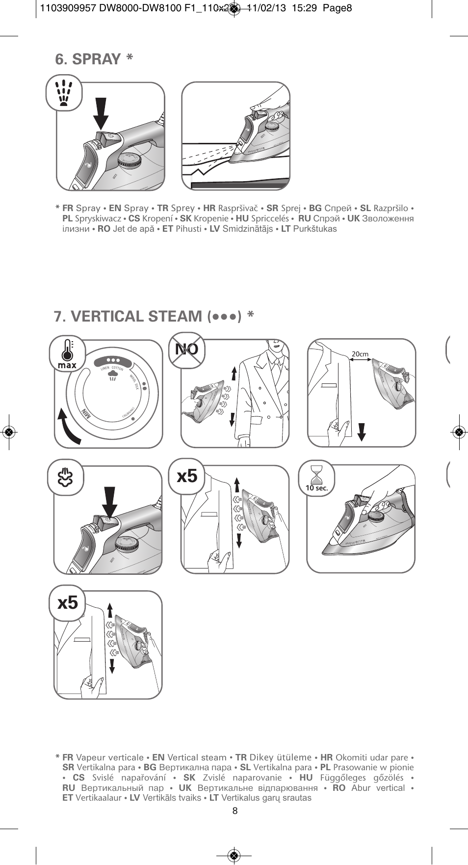 Spray * 5, Vertical steam | ROWENTA Pro Master DW8120 User Manual | Page 8 / 68