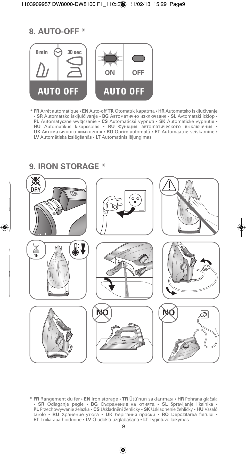 Iron storage, Auto-off, On off | ROWENTA Pro Master DW8120 User Manual | Page 9 / 68