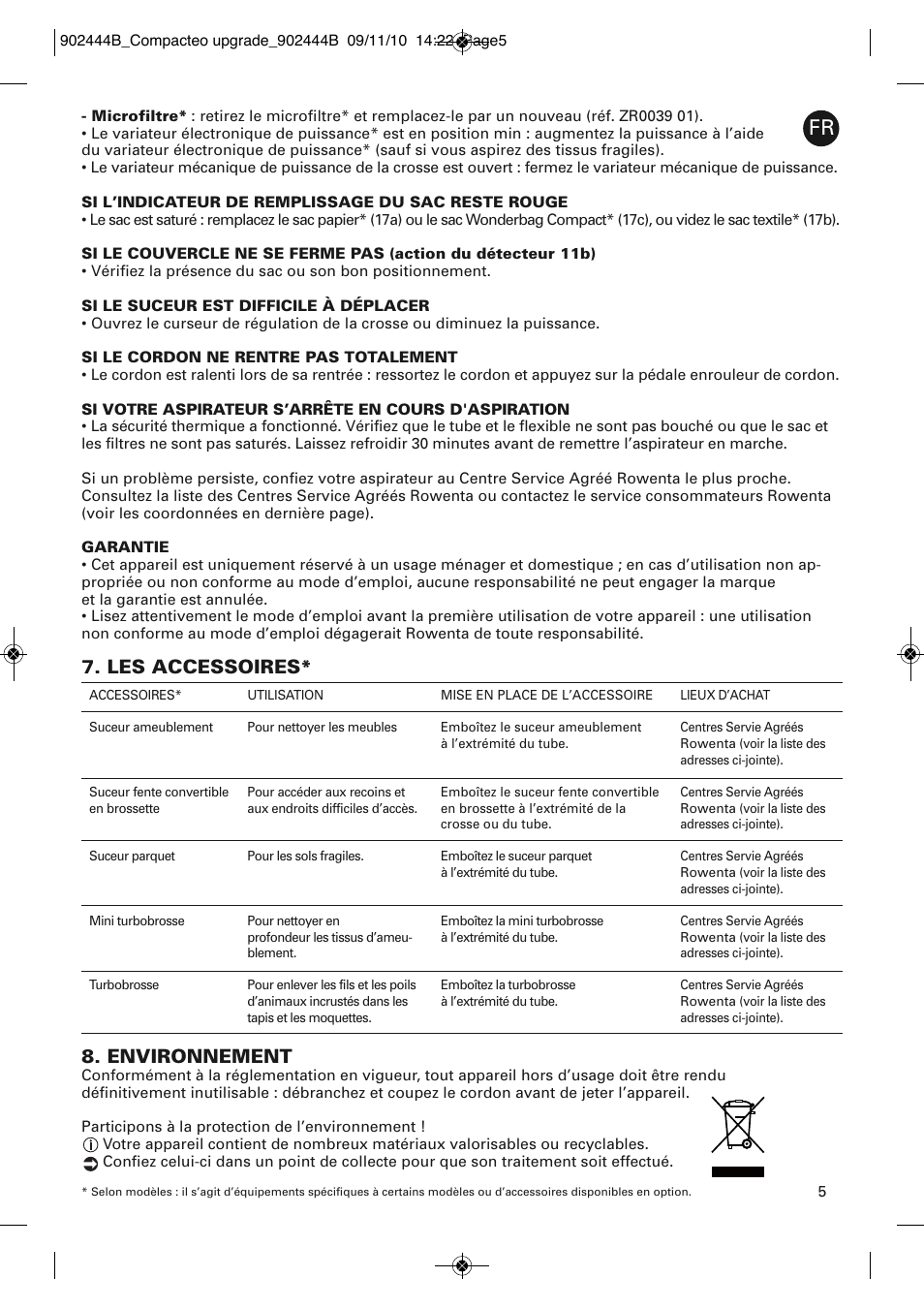 Environnement, Les accessoires | ROWENTA COMPACTEO UPGRADE RO1795 User Manual | Page 10 / 112