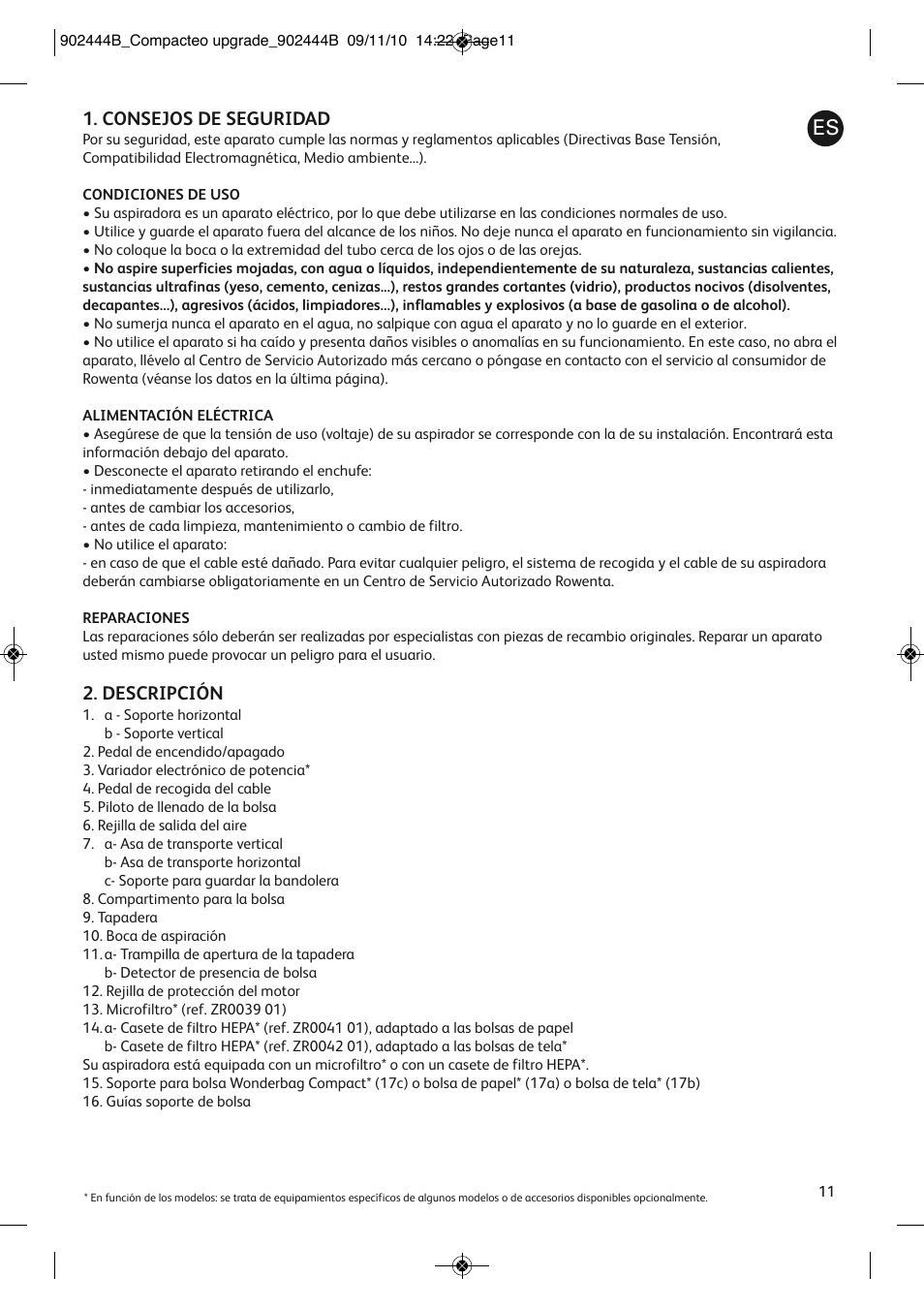 Consejos de seguridad, Descripción | ROWENTA COMPACTEO UPGRADE RO1795 User Manual | Page 16 / 112