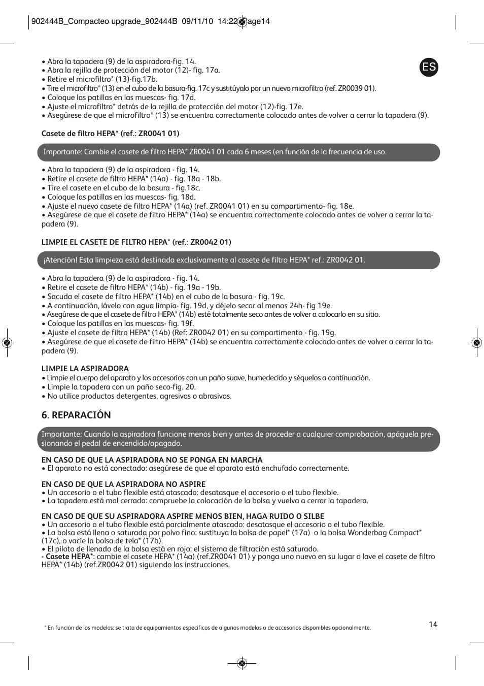 Reparación | ROWENTA COMPACTEO UPGRADE RO1795 User Manual | Page 19 / 112
